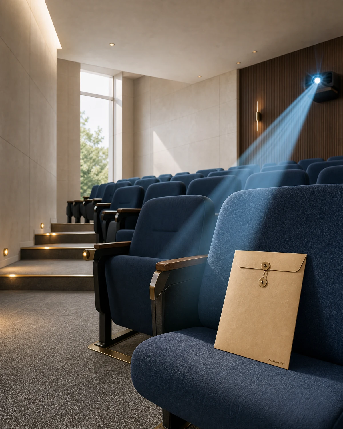 Escena editorial ficticia de Cine y Derecho: un haz de luz dirigido hacia un sobre; no representa un caso, tribunal ni resultado jurídico.